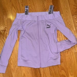 Puma logo Zip up off the shoulder top sweater sweatshirt lilac purple women